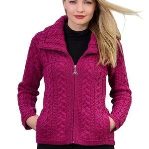 Aran Crafts Merino Wool Full Zip Cable Knit Cardigan Sweater XL Magenta NWT